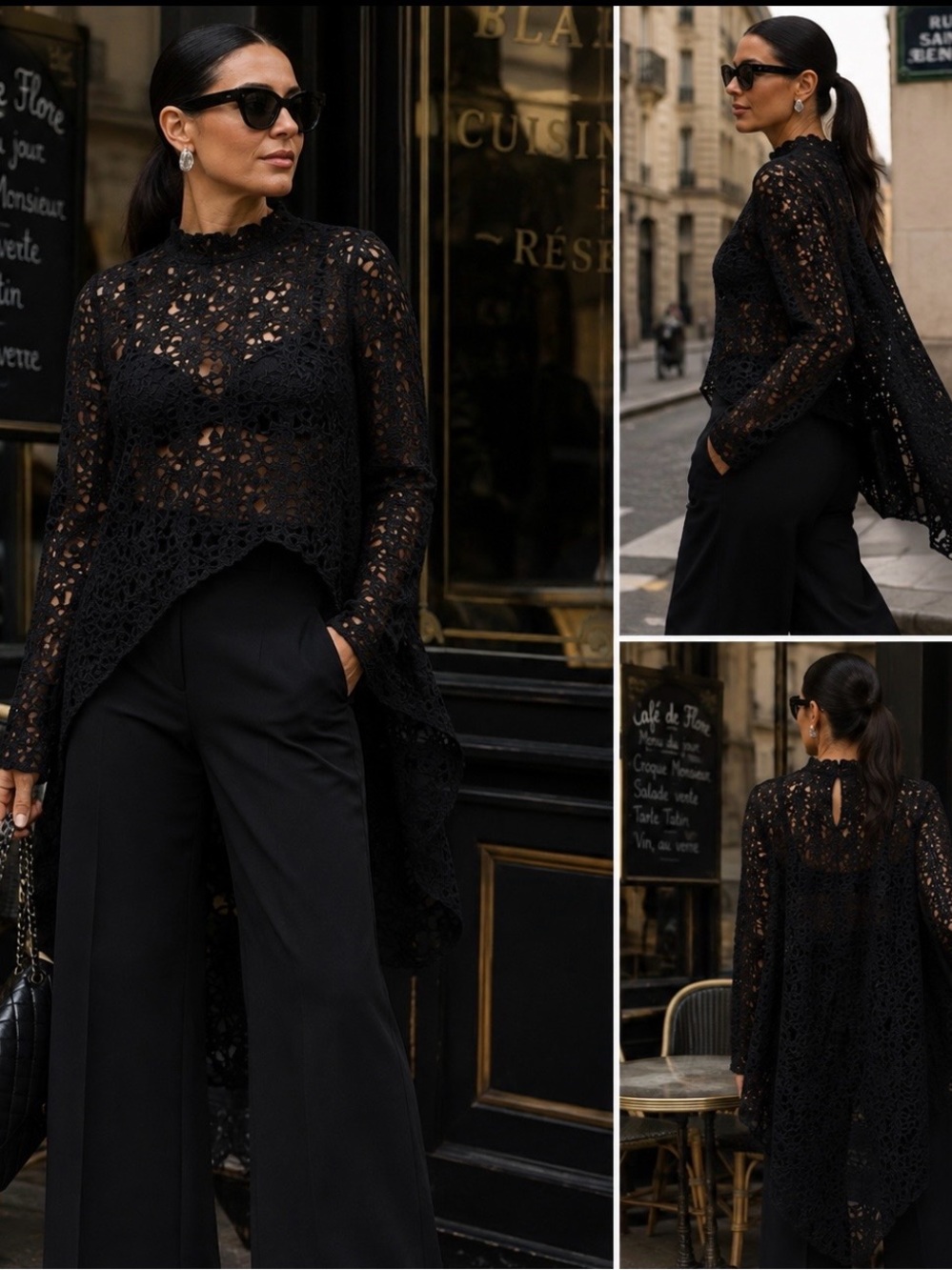 Boutique Black High Low Lace Pullover Top Asymmetric Mock Neck Blouse L